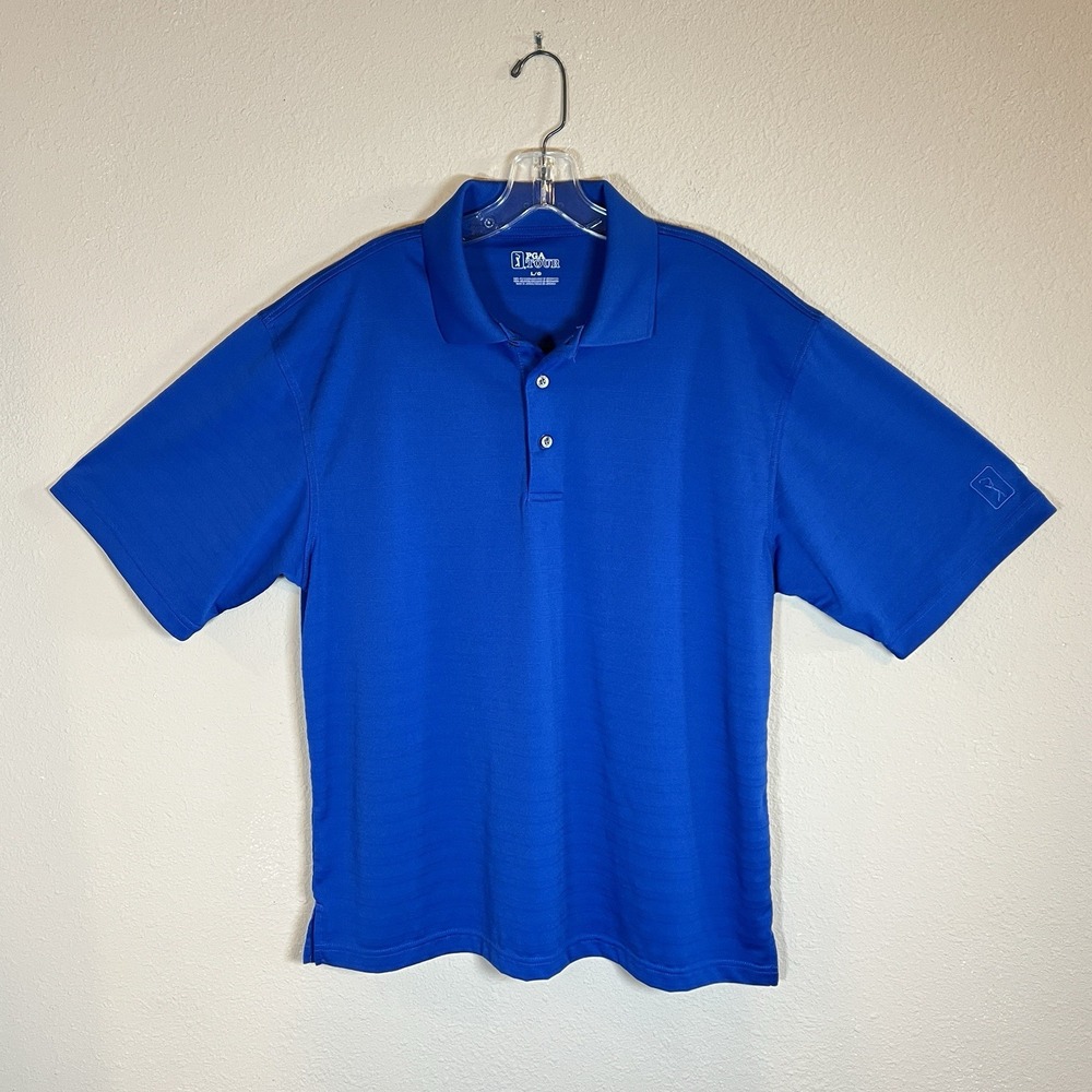 PGA‎ Tour Mens L Bright Blue Solid Textured Stripes Polo Short Sleeve Shirt Golf